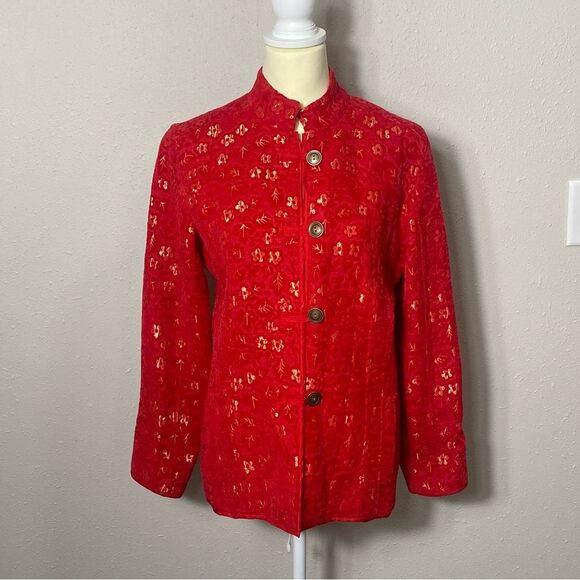 Chicos Red &Gold Tone Mandarin Brocade Floral Blazer/Jacket Women's Size 1/Small - Picture 16 of 16
